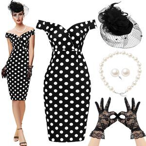 9938 6 Pcs Women's Vintage Polka Dot Dress Retro Pencil Dress